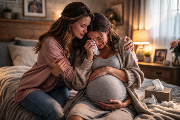 femeie insarcinata plange in bratele altei femei