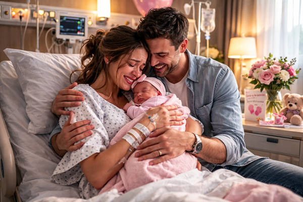 femeie barbat cu bebelus in brate in spital