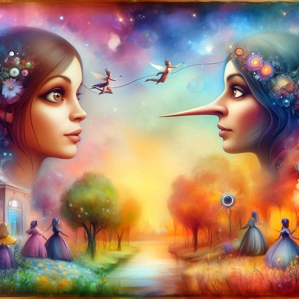 o femeie satena vorbeste cu alta femeie cu nasul lung