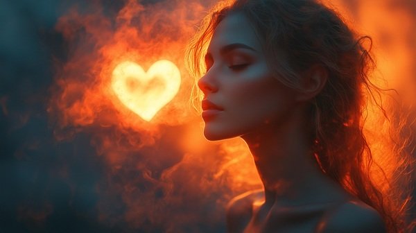 chip de femeie cu parul saten in lumina unui soare sub forma unei inimi