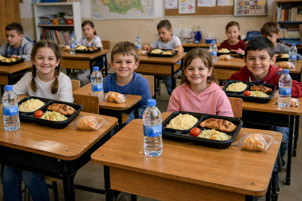 copii stau la masa la scoala cu mancarea pe banca