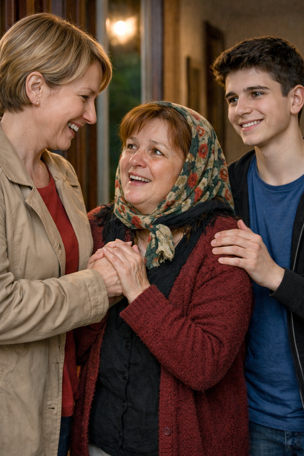 doua femei se imbratiseaza langa un adolescent