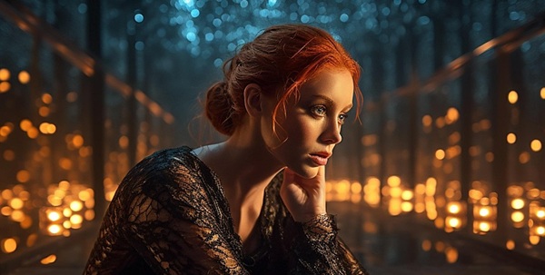 femeie roscata imbracata in negru printre lumini