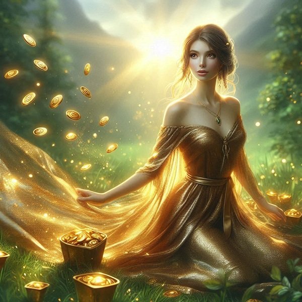 femeie in rochie aurie pe iarba inconjurata de aur