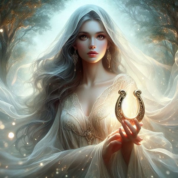 femeie imbracata in alb cu potcoava de aur in mana