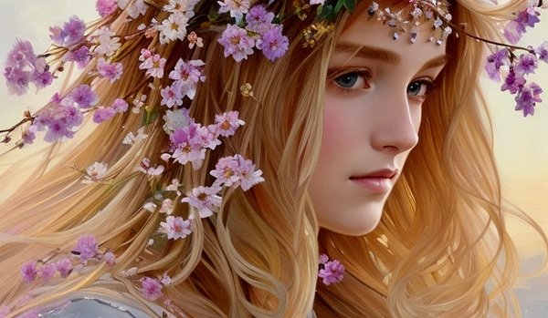 femeie blonda cu flori mov in par