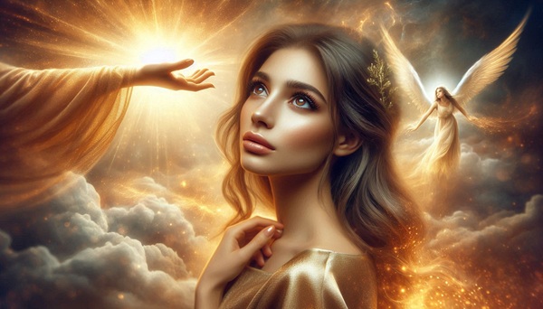 femeie inconjurata de ingeri care se roaga la cer