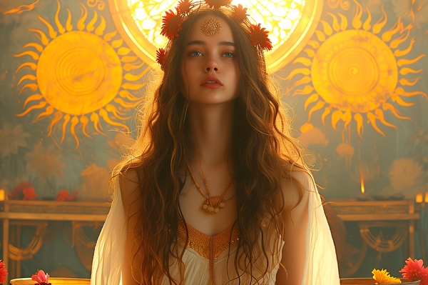 femeie inconjurata de doua flori galbene