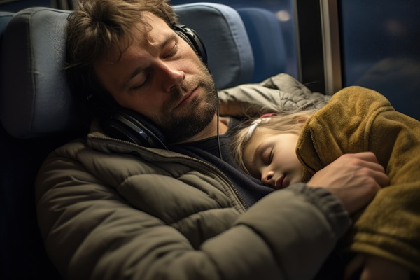 tata doarme cu un copil in brate in avion