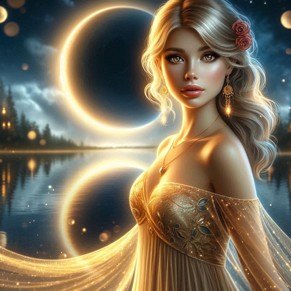 femeie care poarta la piept un pandantiv cu fecioara pe fundal eclipsa de luna