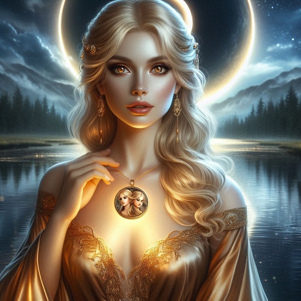 femeie care poarta la piept un pandantiv cu gemeni