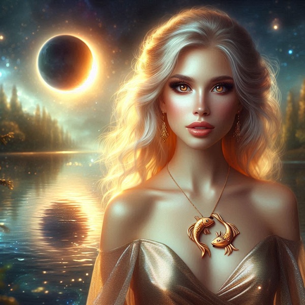 femeie care poarta la piept un pandantiv cu pesti pe fundal eclipsa de luna