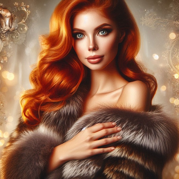 femeie cu par rosu si haina de blana