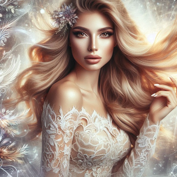 femeie blonda imbracata in rochie de dantela