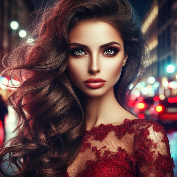femeie bruineta in rochie rosie din dantela pe strada seara