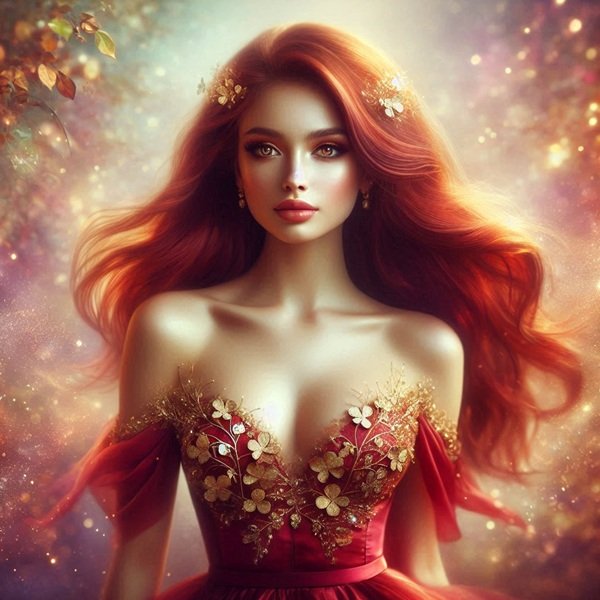 femeie cu parul rosu imbracata in rochie rosie cu auriu