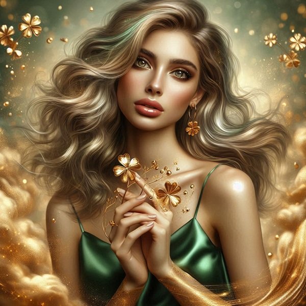 femeie blonda imbracata in rochie de matase verde