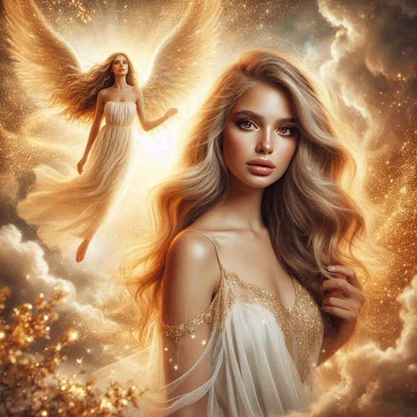 femeie blonda cu parul lung langa ea un inger pazitor