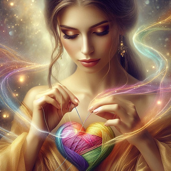 femeie coase o inima multicolora