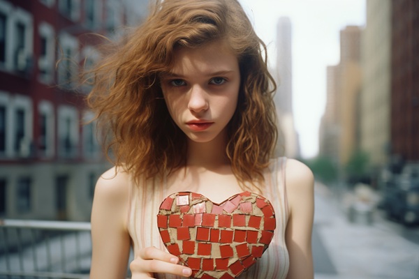 femeie satena tine in mana o inima in plina strada