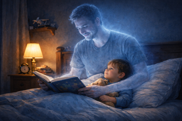 o silueta albastruie de barbat citeste unui copil o poveste de noapte buna in pat