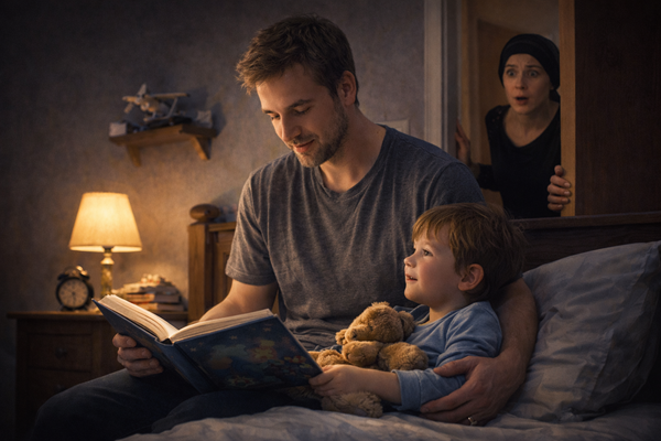 barbat imbracat in tricou gri sta in pat si citeste copilului o poveste seara