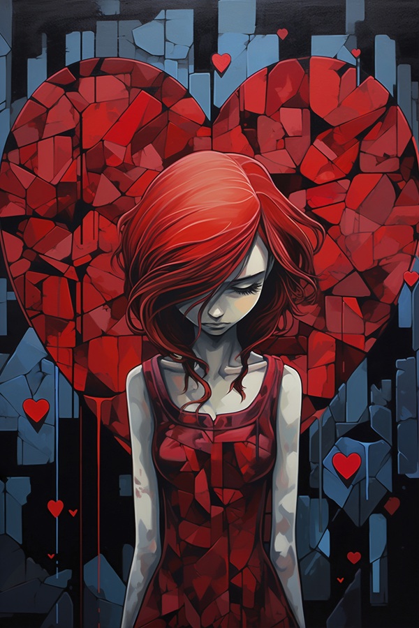 femeie cu parul rosu in rochie rosie cu un fundal de inima rosie in spate privirea trista lasata in jos