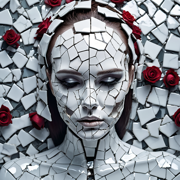 chip de femeie cu ochii inchisi acoperit de o substanta alba crapata