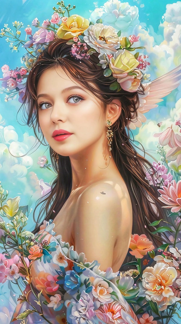 femeie cu parul lung brunet cu flori pe cap si cu o rochie cu flori in spate cerul senin