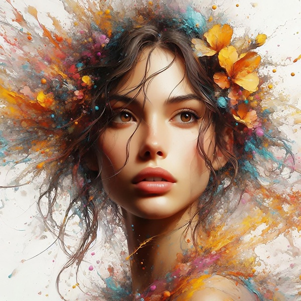 chip de femeie cu parul saten in vant si cu flori in par pe fundal deschis