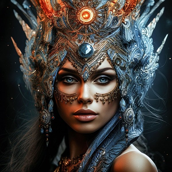 femeie cu parul lung negru si ochii albastri cu o masca pe fata si ceva pe cap