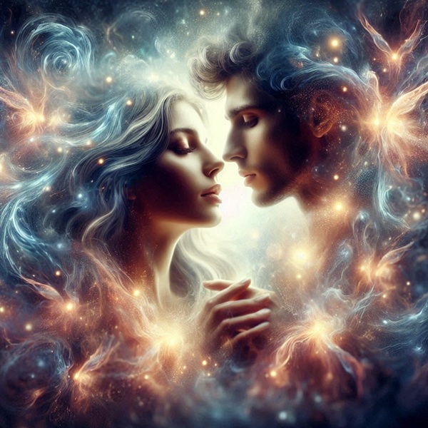 silueta de femeie cu parul lung si barbat cu ochii inchisi care se tin de mana pe fundal fantasy de fum si stelute