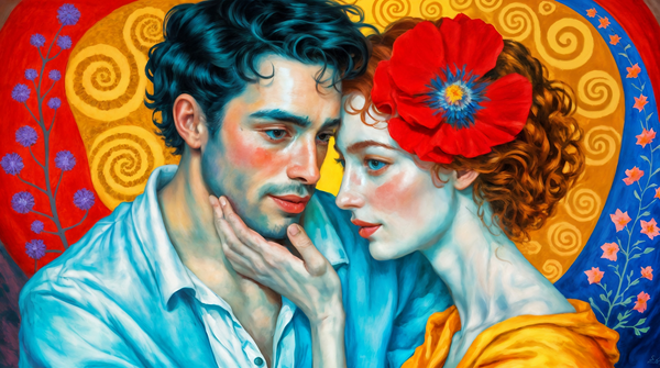 barbat imbracat in albastru si femeie cu parul portocaliu il mangaie pe fata