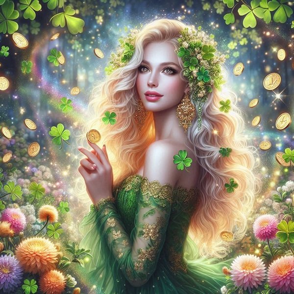 femeie blonda imbracata in rochie verde inconjurata de flori bani de aur si de trifoi cu patru foi