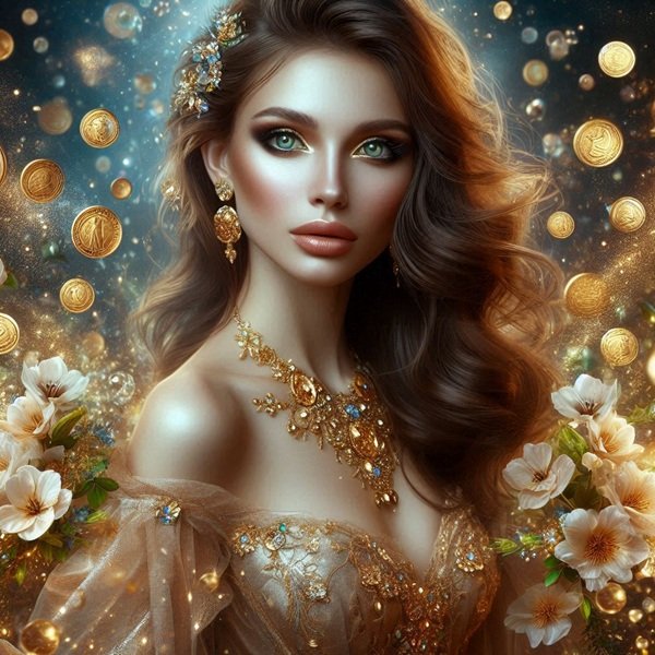 femeie satena in rochie aurie inconjurata de flori tine in mana banuti de aur