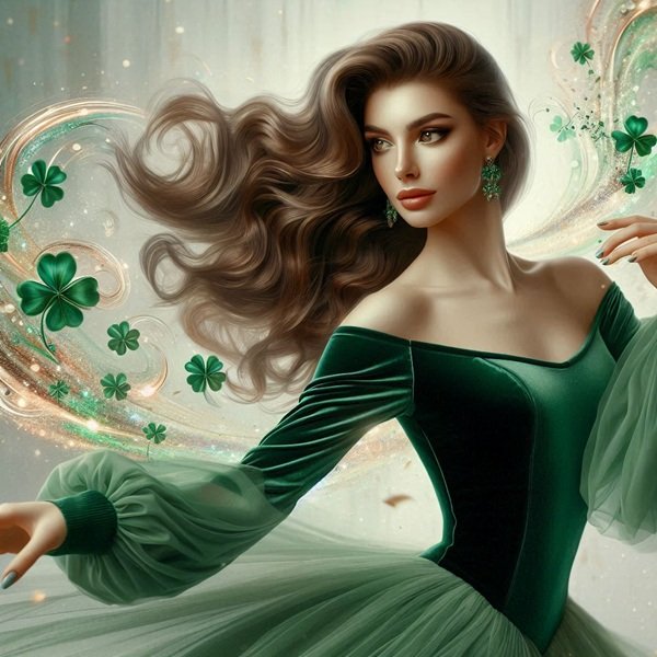 femeie satena cu parul lung imbracata in rochie verde inconjurata de trifoi cu patru foi