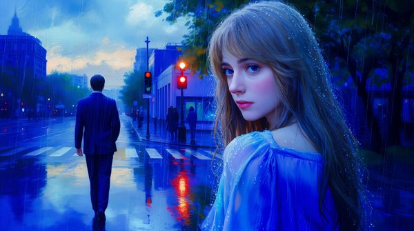 femeie cu par lung imbracata in albastru priveste in spate in timp ce un barbat in costum merge inainte pe strada