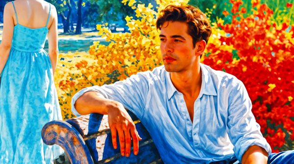 barbat in camasa alba sta pe o banca in parc in timp ce femeia se ridica si pleaca de langa el