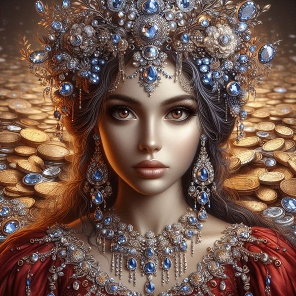 femeie cu parul saten lasat pe spate in rochie rosie este acoperita de bijuterii de argint cu diamante