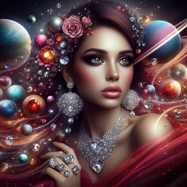 femeie bruneta cu parul negru in rochie rosie inconjurata de planete