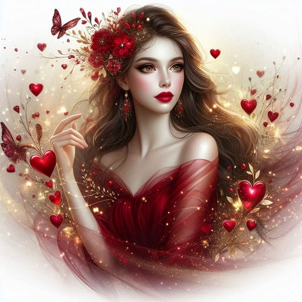 femeie satena cu parul lung imbracata in rosu inconjurata de inimioare
