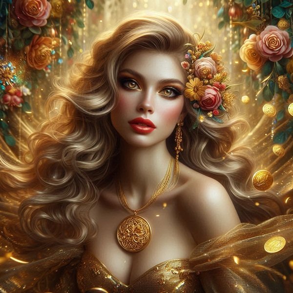 femeie blonda cu parul lung ondulat imbracata in auriu cu amuleta norocoasa la gat