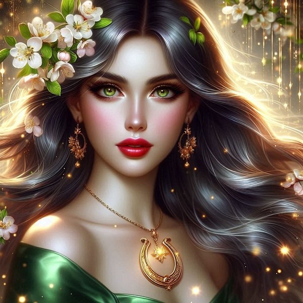 femeie satena cu parul lung imbracata in verde inconjurata de stele stralucitoare cu flori in par si potcoava la gat