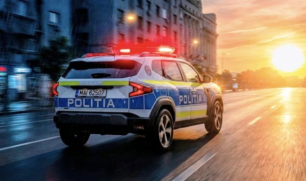 masina de politie merge prin ploaie pe strada