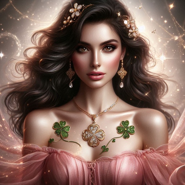 femeie cu parul saten ondulat lung imbracata in roz cu trifoi cu 4 foi pe piept