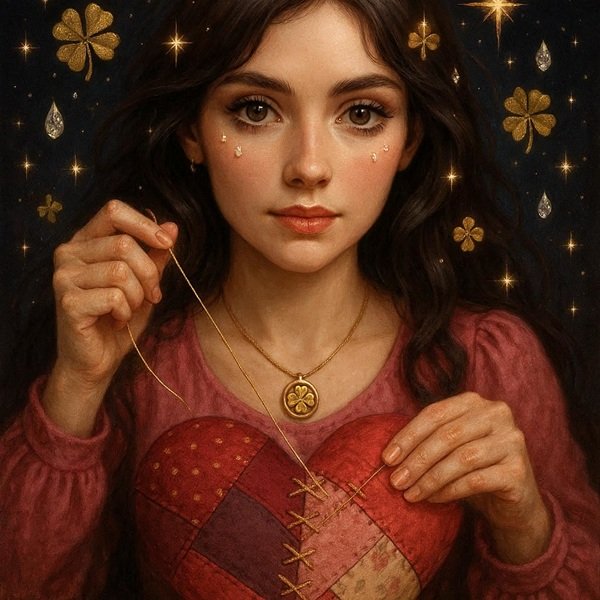 femeie bruneta imbracata in rosu coase o inima 