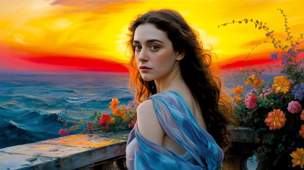 femeie cu parul lung saten priveste in zare pe un deal