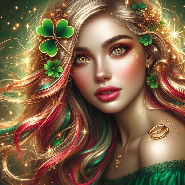 femeie cu parul lung blond cu suvite roscate imbracata in verde inconjurata de simboluri norocoase