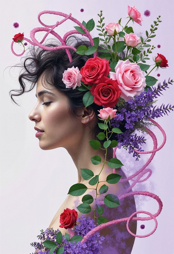 profil de femeie cu flori in par si ochii inchisi