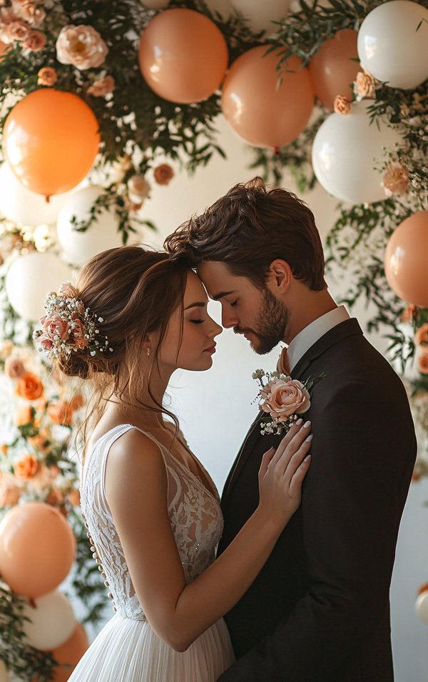 femeie imbracata in mireasa isi priveste sotul in ochi